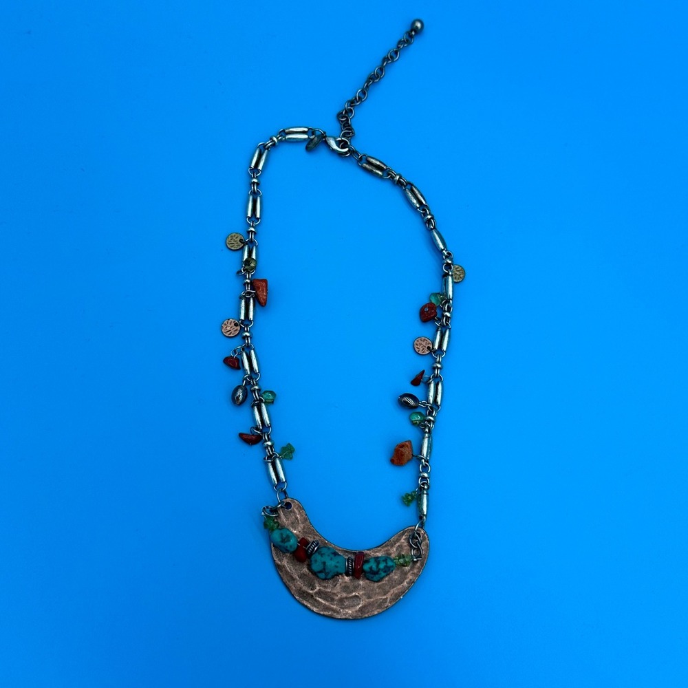 Chico's Southwestern Statement Necklace Turquoise Coral Hammered Copper Tone‎